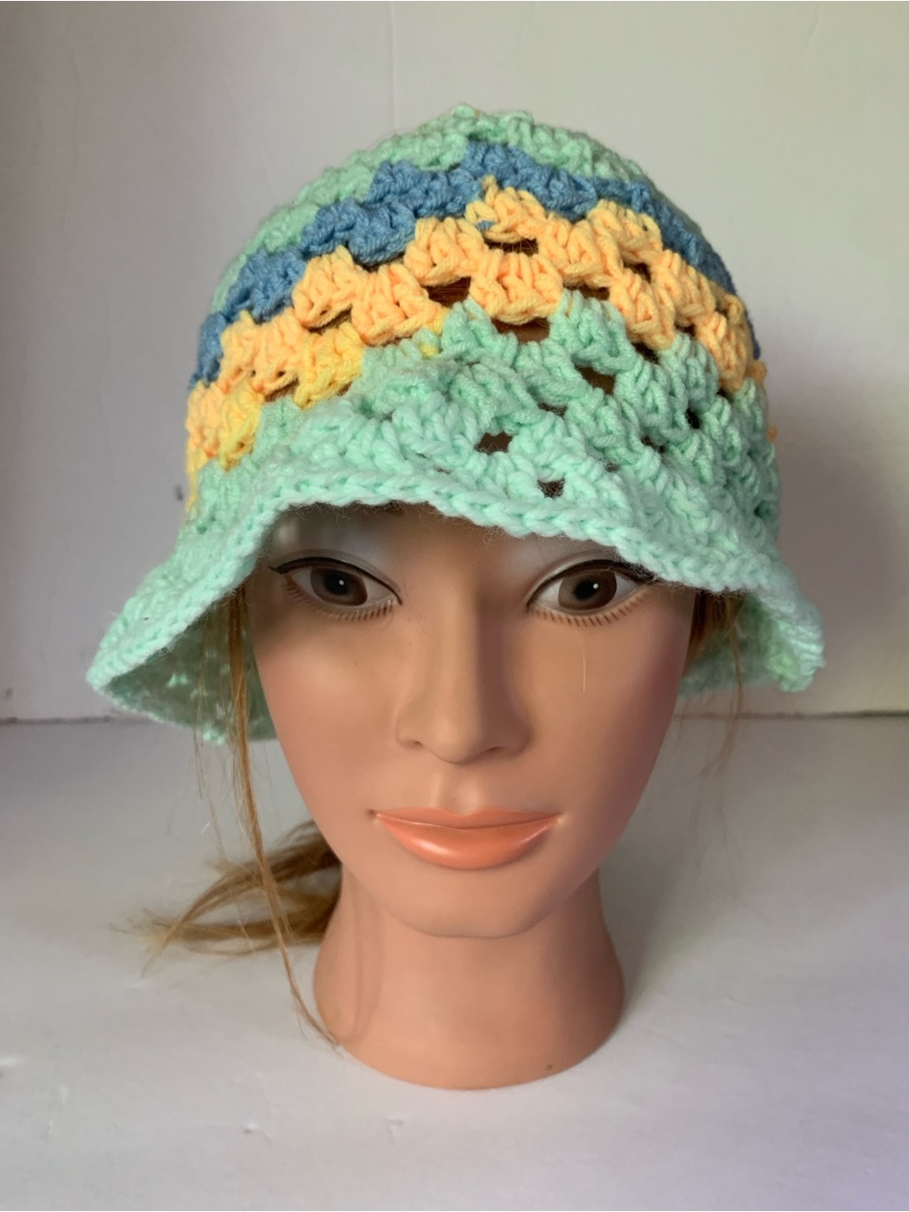 Handmade Crochet Bucket Hat - Pastel Mint, Yellow & Blue
